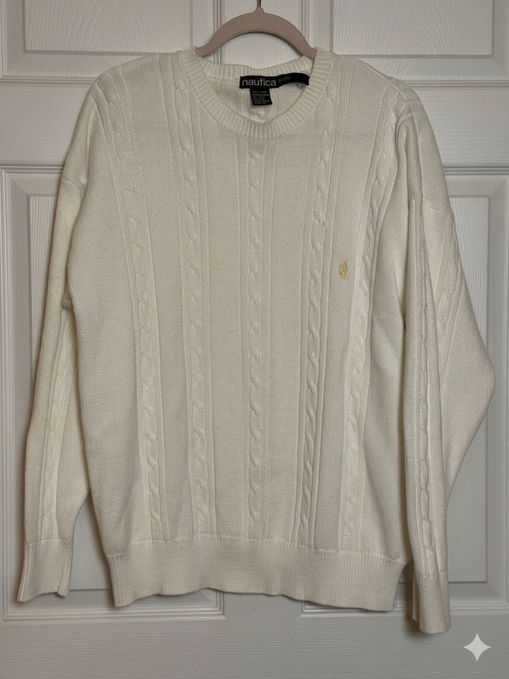 Vintage Nautica Men’s Cream Cable Knit Crewneck Sweater